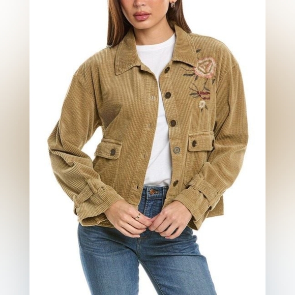 XCVI Elki Relaxed Natural Corduroy Embroidered Relaxed Jacket Tan/Pink Size Sm - Picture 1 of 9